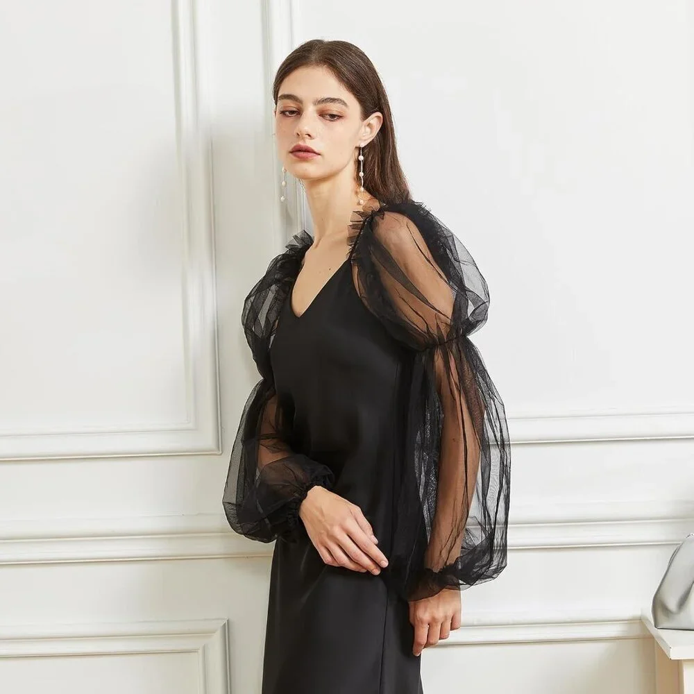Women's Black 2 Satin Tulle  Ruffled Puff Long Gloves Banquet Wedding Party